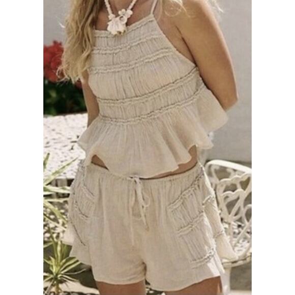 Free People Other - Free People Free- est Boho Gauze Ruffle Two Piece Set Beige Short/Top Cottage